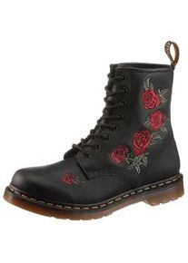 Schn&uuml;rboots Dr. Martens "Vonda", Damen, Gr. 38, schwarz (schwarz, rot gebl&uuml;mt), Leder, gebl&uuml;mt, Schuhe Schn&uuml;rboots, Blockabsatz,Schn&uuml;rschuh,Stiefelette, Bl&uuml;ten-Stickerei - schmale Form, Topseller