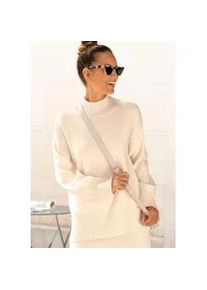 Stehkragenpullover Lascana, Damen, Gr. 44/46, beige (hellbeige), Strick, Obermaterial: 50% Viskose, 28% Polyester, 22% Polyamid, unifarben, figurumspielend h&uuml;ftbedeckend, hoch geschlossener Ausschnitt, Pullover Stehkragenpullover, mit breiten Abschl&uuml;ssen, klassischer Strickpullover, Topseller