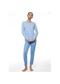 Schlafanzug Mey "Flower Meadow", Damen, Gr. 42, blau (blau silk), Single Jersey, Obermaterial: 100% Baumwolle, bequem 7/8-L&auml;nge, Rundhals, Homewear-Sets Schlafanzug, Baumwolle, floral, bequem, klassisch, Rundhals-Ausschnitt