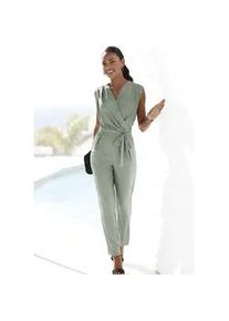 Overall Lascana, Damen, Gr. 38, N-Gr, gr&uuml;n (jade), Jersey, Obermaterial: 95% Polyester, 5% Elasthan, unifarben, figurumspielend kn&ouml;chellang, V-Ausschnitt, Overalls Overall, aus knitterfreier Ware, eleganter Jumpsuit in Wickeloptik, b&uuml;gelfrei, Topseller