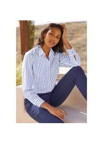 Hemdbluse Heine, Damen, Gr. 46, blau (eisblau, wei&szlig;, gestreift), 100% Baumwolle, gemustert, gestreift, mehrfarbig, V-Ausschnitt, Blusen Hemdbluse