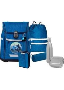 Schulranzen McNeill "Tenero, Tetra", Kinder, Gr. B/H/T: 30cm x 36cm x 19cm, blau (tetra), Polyester, Rucks&auml;cke, inkl. Federm&auml;ppchen, Turnbeutel, Schlamperrolle & Motivmagnet