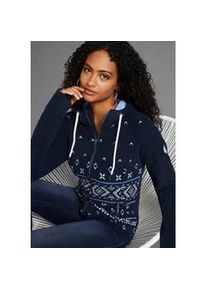 Fleecejacke Kangaroos, Damen, Gr. 52/54, blau (marine), Fleece, Obermaterial: 100% Polyester, bedruckt, ethno, gemustert, mehrfarbig, unifarben mit Farbeinsatz, bequem h&uuml;ftbedeckend, Rundhals, angesetztes B&uuml;ndchen mit Daumenl&ouml;chern, Jacken Fleecejacke, mit Norweger Muster und Kapuze, Topseller