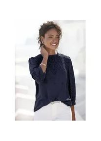 Schlupfbluse Lascana, Damen, Gr. 44, blau (marine), Web, Obermaterial: 100% Viskose, unifarben, figurumspielend h&uuml;ftlang, hoch geschlossener Ausschnitt, 1-Knopf-Manschette, Blusen Schlupfbluse, mit Lochstickerei und dezenten R&uuml;schen, 3/4-&auml;rmelige Damenbluse