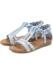 Sandale Lascana "Sommerschuh, Sandalette, offener Schuh", Damen, Gr. 35, blau (hellblau), Obermaterial: 50% Lederimitat, 50% Textilmaterial. Decksohle: 100% Lederimitat. Futter: 100% Lederimitat. Laufsohle: 100% Synthetik, bedruckt, Basic, Schuhe Sandale, mit aufwendiger Verzierung VEGAN