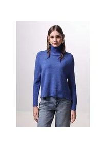 Strickpullover STREET ONE STUDIO, Damen, Gr. 46, blau (force blau meliert), Feinstrick, 79% Polyacryl, 15% Viskose, 6% Polyamid, unifarben, normal normal, hoch geschlossener Ausschnitt, B&uuml;ndchen, Pullover Strickpullover, mit Materialmix