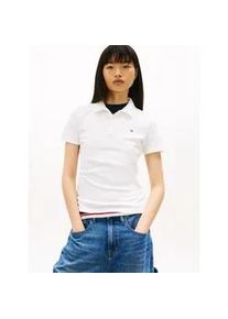 Tommy Hilfiger Poloshirt TOMMY JEANS "TJW SLIM ESSENTIAL POLO SHORT SLEEVE", Damen, Gr. M (38), beige (ecru), Piqu&eacute;, Obermaterial: 97% Baumwolle, 3% Elasthan, unifarben, slim fit h&uuml;ftlang, V-Ausschnitt, abgesteppte Kante, Shirts, mit Logostickerei, Piqu&eacute;