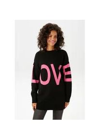 Strickpullover Aniston CASUAL, Damen, Gr. 46, schwarz (schwarz, pink), Strick, Obermaterial: 100% Baumwolle, unifarben mit Farbeinsatz, oversize Po-bedeckend, Rundhals, Strickb&uuml;ndchen, Pullover Strickpullover, mit eingestricktem LOVE-Schriftzug