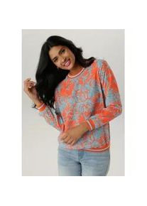 Shirtbluse Aniston SELECTED, Damen, Gr. 38, bunt (orange, hellblau, wei&szlig;), Cr&ecirc;pe, Obermaterial: 97% Polyester, 3% Elasthan, bedruckt, gebl&uuml;mt, gemustert, figurumspielend h&uuml;ftbedeckend, Rundhals, B&uuml;ndchen, Blusen Druckbluse, mit sportiven B&uuml;ndchen, Topseller
