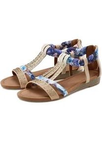 Sandale Lascana "Sommerschuh, Sandalette, offener Schuh", Damen, Gr. 35, blau (beige, blau), Obermaterial: 50% Lederimitat, 50% Textilmaterial. Decksohle: 100% Lederimitat. Futter: 100% Lederimitat. Laufsohle: 100% Synthetik, bedruckt, Basic, Schuhe Sandale, mit aufwendiger Verzierung VEGAN