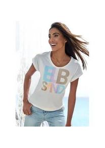 Print-Shirt ELBSAND, Damen, Gr. XXL (44), wei&szlig; (wei&szlig; bedruckt), Jersey, Obermaterial: 50% Baumwolle, 50% Polyester, unifarben mit Farbeins&auml;tzen, figurumspielend h&uuml;ftlang, Rundhals, angeschnitten Aufschlag, Shirts, mit Logodruck, Kurzarmshirt, sportlich