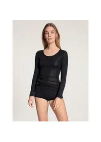 Langarmshirt Calida "True Confidence", Damen, Gr. XS (36/38), schwarz, Rippware, Obermaterial: 70% Schurwolle, 30% Seide, unifarben, Basic h&uuml;ftbedeckend, Rundhals, Shirts Langarmshirt, Rundhals, Feinripp, atmungsaktiv, Wellensaum