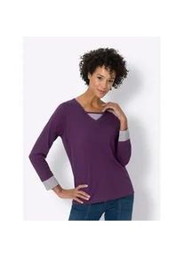 Langarmshirt Classic Basics "Shirt", Damen, Gr. 52, lila (traube), 100% Baumwolle, gemustert, mehrfarbig, V-Ausschnitt, Shirts Langarmshirt