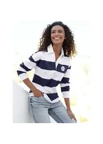 Poloshirt Heine "Poloshirt", Damen, Gr. 46, blau (marine, ecru, bedruckt), 100% Baumwolle, gemustert, mehrfarbig, V-Ausschnitt, Shirts