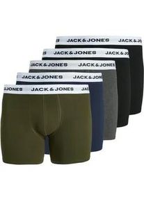 Jack & Jones PlusSize Boxershorts "JACBASIC WHITE WB TRUNKS 5 PACK NOOS PLS", Herren, Gr. 5XL, 5 Stk., schwarz (forest night pack:navy blazer, dgm, schwarz, schwarz), Jersey, Obermaterial: 95% Baumwolle, 5% Elasthan, JACK & JONES PLUSSIZE, unifarben, eng, Unterhosen, mit Logo Schriftzug
