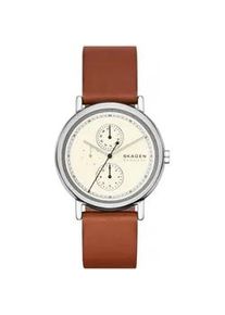 Quarzuhr Skagen "SIGNATUR", silber (rotbraun, silberfarben), Armbanduhren, Herren, Quarzuhr, Armbanduhr, Herrenuhr, Lederarmband, analog, Tag, Wochentag