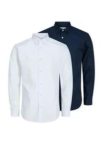 Jack & Jones Langarmhemd JACK & JONES "JJJOE SHIRT LS 2 PACK MP", Herren, Gr. XL, N-Gr, navy blazer detail:pack w wei&szlig;, slim, Web, Obermaterial: 65% Polyester, 35% Baumwolle, unifarben, slim fit normal, Hemden