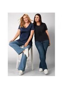 T-Shirt sheego "T-Shirt", Damen, Gr. 48/50, blau (marine), 100% Baumwolle, unifarben, V-Ausschnitt, Shirts T-Shirt