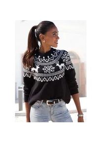 Norwegerpullover Lascana, Damen, Gr. 36/38, schwarz, Strick, Obermaterial: 84% Polyacryl, 8% Polyamid, 6% Polyester, 2% Elasthan, gemustert, figurumspielend h&uuml;ftlang, Rundhals, Raglan&auml;rmel, Pullover Norwegerpullover, aus weichem Strick, Weihnachtspullover, Strickpullover mit Wintermotiv