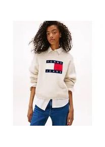 Tommy Hilfiger Strickpullover TOMMY JEANS "TJW MELANGE FLAG SWEATER RIB EXT", Damen, Gr. M (38), wei&szlig; (ancient wei&szlig; htr), Strick, Obermaterial: 70% Polyacryl, 23% Polyamid, 5% Wolle, 2% Elasthan, meliert, figurbetont normal, Rundhals, Pullover Strickpullover, in gerippter Struktur