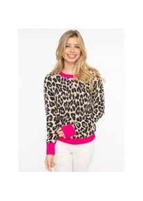 Strickpullover Zwillingsherz "Leo + colored edges", Damen, Gr. M, beige (hellbeige, neonpink), Strick, Obermaterial: 100% Kaschmir, Pullover Strickpullover, Rundhals,aus reinem Kaschmir mit Leomuster und farbigem B&uuml;ndchen