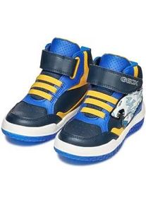 Sneaker Geox "J BUZZERLIGHT BOY Blinkschuh", Damen, Gr. 24, gelb (navy, gelb), Synthetik, kontrastfarbene Details, Schuhe Sneaker, Schn&uuml;rboots mit cooler Blinkfunktion, Gr&ouml;&szlig;enschablone zum Download