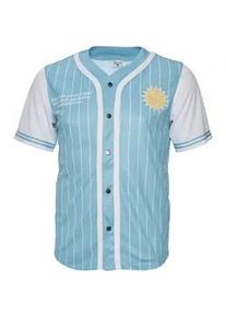 T-Shirt Karl Kani "Karl Kani Herren", Damen, Gr. M, cyanblau, wei&szlig;, 100% Polyester (Recycelt), gestreift, normal, V-Ausschnitt, Shirts T-Shirt