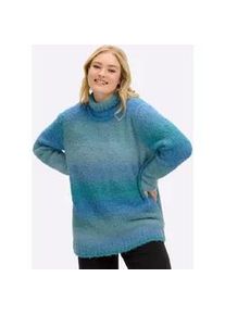Stehkragenpullover sheego "Pullover", Damen, Gr. 56/58, topas, jeansblau, gestreift, 59% Polyester, 24% Polyacryl, 11% Wolle, 4% metallisierte Fasern, 2% Elasthan, gemustert, gestreift, mehrfarbig, Pullover Stehkragenpullover