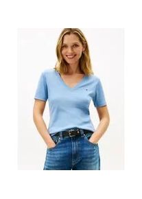 T-Shirt Tommy Hilfiger "SLIM CODY V-NK SS mit V-Ausschnitt und Streifen", Damen, Gr. M (38), clear water, Jersey, Obermaterial: 100% Baumwolle, unifarben, slim fit h&uuml;ftlang, tiefer V-Ausschnitt, abgesteppt, Shirts T-Shirt, Baumwolle, slim fit