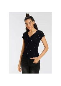 Kurzarmshirt Kangaroos, Damen, Gr. 44/46, schwarz (schwarz, bunt), Rippware, Obermaterial: 100% Baumwolle, bedruckt, gebl&uuml;mt, gemustert, figurbetont h&uuml;ftlang, V-Ausschnitt, Shirts, kurz&auml;rmelig, figurbetont, aus Baumwolle