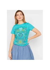 T-Shirt bonprix "T-Shirt aus reiner Baumwolle", Damen, Gr. 52/54 (XXL), blau (mattaqua bedruckt), Jersey, Obermaterial: 100% Baumwolle, bedruckt, regular fit normal, Rundhals, Shirts T-Shirt, Regular Fit, Kurzarm, aus Baumwolle, mit farbenfrohem Print