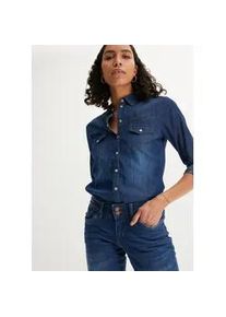 Jeansbluse bonprix, Damen, Gr. 40, blau, Denim/Jeans, Obermaterial: 100% Baumwolle, Abriebeffekte, unifarben, schmal normal, 1-Knopf-Manschette krempelbar, Blusen Jeansbluse, schmale Passform, aus reiner Baumwolle, mit Druckknopfleiste