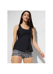 Tankini bonprix "Tankini (3-tlg. Set) mit Bustier-Bikinioberteil", Damen, Gr. 50, N-Gr, schwarz (schwarz, wei&szlig; bedruckt), Obermaterial: 80% Polyamid, 20% Elasthan. Futter: 100% Polyester, bedruckt, unifarben, Bikini-Sets Tankini, bestehend aus Top, Bustier und Badehose