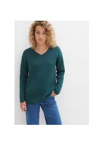 Strickpullover bonprix "Milano Rib Pullover mit V-Ausschnitt", Damen, Gr. 36/38 (S), blau (pfeffergr&uuml;n), Obermaterial: 50% Baumwolle, 50% Polyacryl, bequem, Pullover Strickpullover, aus Baumwolle und Polyacryl, mit V-Ausschnitt, bequeme Passform