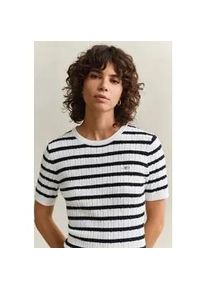 Kurzarmpullover Gant "STRETCH COTTON CABLE STRIPE SS", Damen, Gr. S, eggshell, Strick, Obermaterial: 88% Baumwolle, 10% Polyamid, 2% Elasthan, slim fit normal, Rundhals, Pullover, Gestreifter Zopfstrick, Rundhals, Schmale Passform