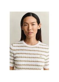 Kurzarmpullover Gant "STRETCH COTTON CABLE STRIPE SS", Damen, Gr. M, oat beige, Strick, Obermaterial: 88% Baumwolle, 10% Polyamid, 2% Elasthan, slim fit normal, Rundhals, Pullover, Gestreifter Zopfstrick, Rundhals, Schmale Passform