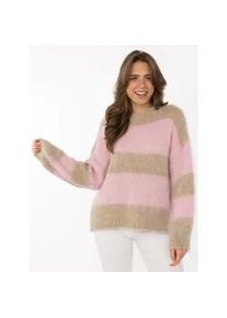 Strickpullover Zwillingsherz "Streifen", Damen, rosa, mittelbeige, Strick, Obermaterial: 65% Polyacryl, 17% Polyamid, 9% Wolle, 9% Viskose, colorblocking, mehrfarbig, bequem taillenbedeckt, Rundhals, Rippstrickb&uuml;ndchen, Pullover Strickpullover, kuschelig mit Rundhalsausschnitt, Blockstreifen und Wollanteil