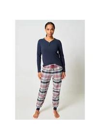 Pyjama Skiny "Night In Skiny Flanell", Damen, Gr. 36, navy blazer, Flanell, Obermaterial: 95% Baumwolle, 5% Elasthan. Obermaterial Hose: 100% Baumwolle, unifarben, bequem lang, V-Ausschnitt, Homewear-Sets Pyjama, elastischer Bund, Bindeband, Oberteil mit Kn&ouml;pfen, lang&auml;rmelig