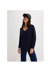 Strickpullover bonprix "Gerippter Pullover aus reiner Baumwolle", Damen, Gr. 40/42 (M), blau (dunkelblau), Strick, Obermaterial: 100% Baumwolle, unifarben, l&auml;ssig geschnitten normal, V-Ausschnitt, gerader Abschluss, Pullover Strickpullover, aus reiner Baumwolle, mit V-Ausschnitt, unifarben, l&auml;ssige Passform