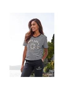 H.I.S. T-Shirt H.I.S, Damen, Gr. 48/50, schwarz (schwarz gestreift), Web, Obermaterial: 100% Baumwolle, gestreift, figurumspielend h&uuml;ftlang, Rundhals, normaler Saum, Shirts T-Shirt, gestreift mit Print, Loungewear