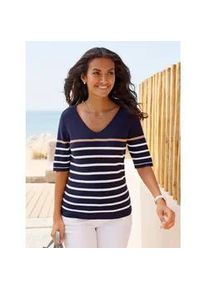 Kurzarmpullover Casual Looks "Kurzarm-Pullover", Damen, Gr. 40, marine, ecru, geringelt, 55% Baumwolle, 45% Viskose, gemustert, gestreift, mehrfarbig, Pullover