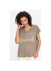 Kurzarmshirt Heine "Shirt", Damen, Gr. 38, beige, 100% Baumwolle, gemustert, V-Ausschnitt, Shirts