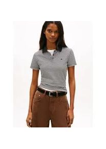 Tommy Hilfiger Poloshirt TOMMY JEANS "TJW SLIM ESSENTIAL POLO SS", Damen, Gr. XL (42), schwarz, ecru stripe, Single Jersey, Obermaterial: 97% Baumwolle, 3% Elasthan, gestreift, slim fit h&uuml;ftlang, V-Ausschnitt, abgesteppt, Shirts, mit Logostickerei