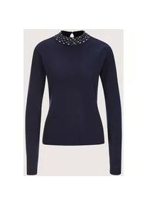 Madeleine Mode Longpullover MADELEINE "Strickpullover Eleganter Wollpullover mit Stehkragen", Damen, Gr. 36/38, blau (marine), Obermaterial: 90% Schurwolle WV. 10% Kaschmir WS., Modern, Pullover Longpullover, mit Dekosteinen
