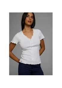 T-Shirt Kangaroos, Damen, Gr. 48/50, wei&szlig;, Rippware, Obermaterial: 100% Baumwolle, unifarben, figurbetont h&uuml;ftlang, V-Ausschnitt, gewellter Abschluss, Shirts T-Shirt, mit Knopfleiste und verspieltem Rollsaum