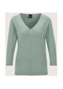 Madeleine Mode Longpullover MADELEINE "Strickpullover Schlichter Baumwollpullover mit V-Ausschnitt", Damen, Gr. 40/42, gr&uuml;n (hellsalbeigr&uuml;n), Obermaterial: 100% Baumwolle CO., Modern, normal, Pullover Longpullover