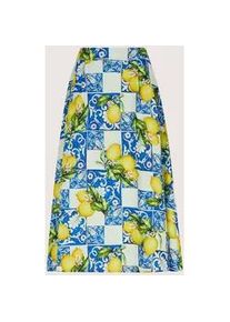 Madeleine Mode Midirock MADELEINE "Faltenrock Midirock mit Zitronen-Design", Damen, Gr. 40, blau (nachtblau, multicolor), Obermaterial: 55% Leinen LI. 45% Viskose CV., Modern, A-Linie, R&ouml;cke, weit schwingender Druckrock in Midil&auml;nge