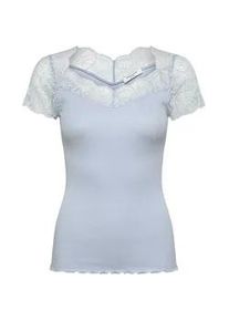 Spitzenshirt rosemunde "Beatha Lace Capsleeve T-Shirt", Damen, Gr. S, jeansblau, Feinstrick, Obermaterial: 55% Seide, 45% Baumwolle, durchscheinend, gebl&uuml;mt, unifarben, eng h&uuml;ftbedeckend, V-Ausschnitt, Spitze, Shirts, wundersch&ouml;ne elastisch weiche Vintage-Spitze an Ausschnitt und &Auml;rmeln
