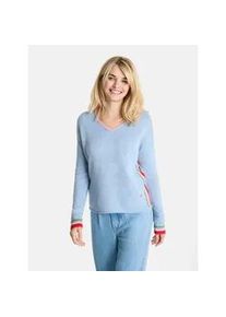 LIEBLINGSST&Uuml;CK Strickpullover LIEBLINGSST&Uuml;CK "MaraL", Damen, Gr. 42, skyway, Strick, Obermaterial: 47% Wolle, 38% Viskose, 10% Polyamid, 5% Kaschmir, unifarben mit Farbeins&auml;tzen, h&uuml;ftbedeckend, V-Ausschnitt, Pullover Strickpullover, mit V-Ausschnitt, gestickte Details