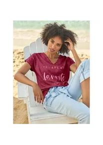 Kurzarmshirt Heine "Shirt", Damen, Gr. 40, bordeaux, 100% Baumwolle, gemustert, V-Ausschnitt, Shirts